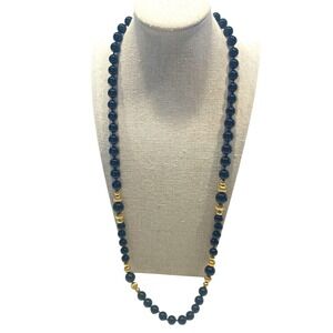 Vintage 30" Black Onyx Bead Necklace w/14K Gold Beads & Clasp 75g Estate Jewelry